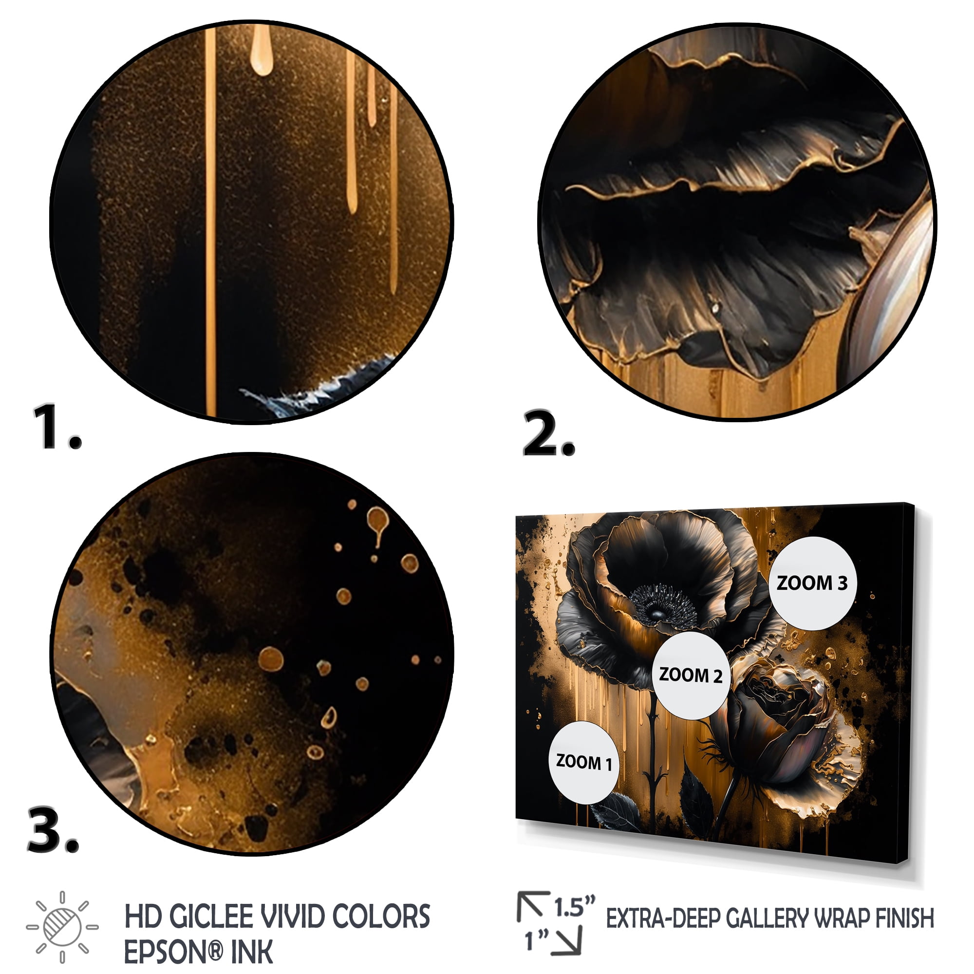 Designart Black And Gold Popy Flowers II Canvas Wall Art