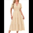 thumbnail image 3 of Vestido Midi Bohemio de Playa para Mujer, Informal, Ligero, de Verano, con Mangas , Escote en V y Cintura Elástica, con Bolsillos. Albaricoque XL, 3 of 8