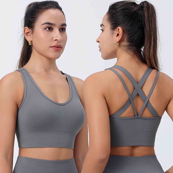 Nfurl High Impact Sports Bras for Women High Support Strappy Cross Back Sport Bra with Padded Cup Seamless Wireless Gym Workout Crop Top Yoga Bras Gray XXXL
