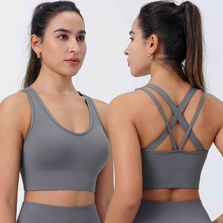 POIUYTR Padded Sports Bra for Women  Workout Strappy Tank Top Cross Back Racerback Seamless Comfortable Yoga Bra
