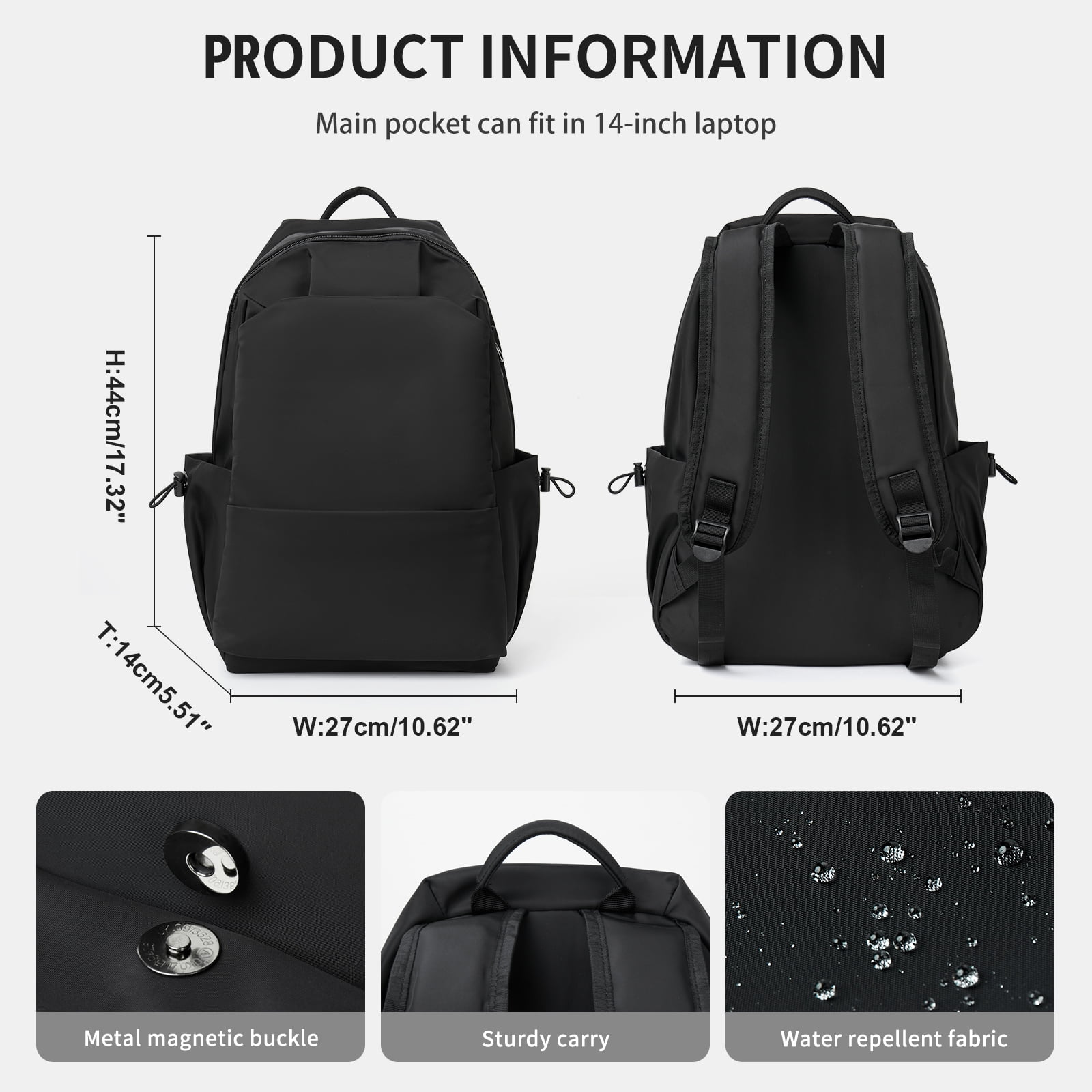 BJLFS Unisex Lightweight Water-Resistant Backpack, Black