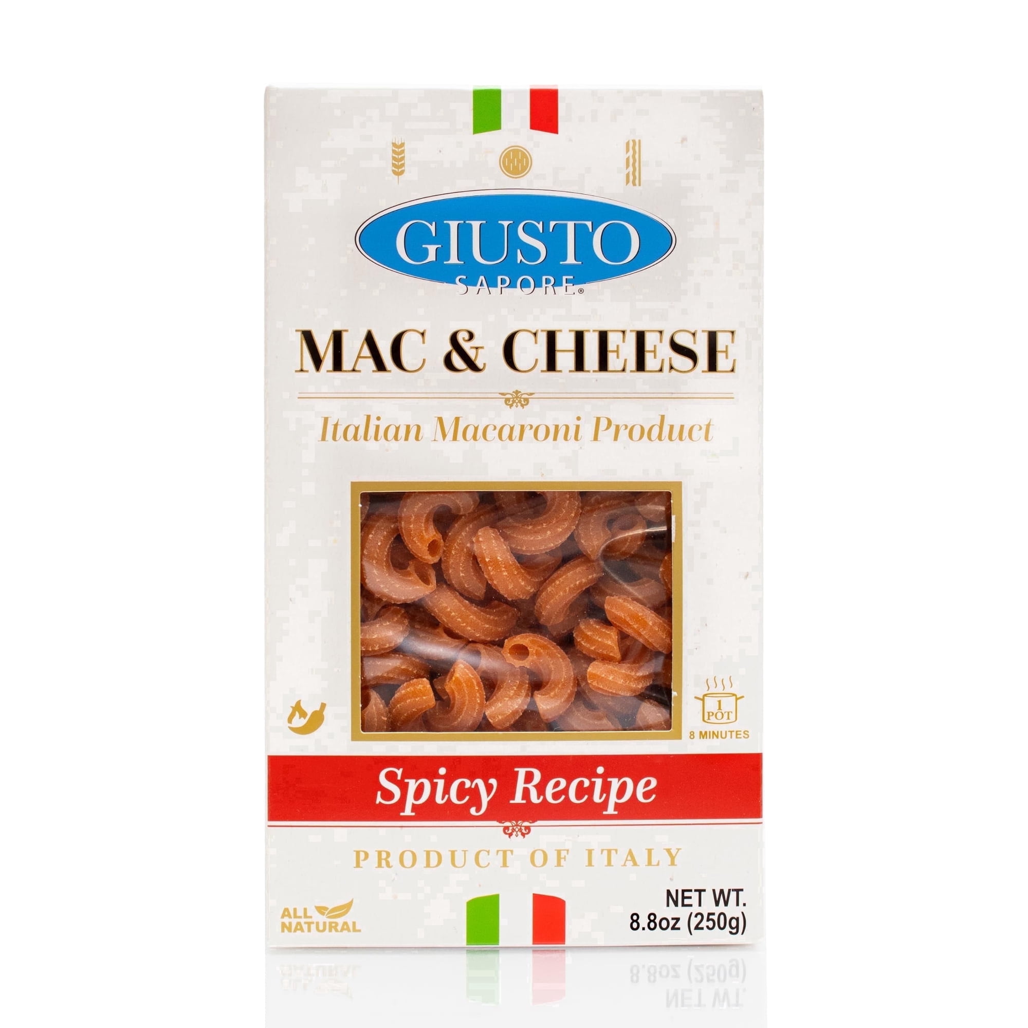Giusto Sapore Italian Spicy Mac & Cheese, Imported Italian Artisanal Comfort Pasta Dish, Ridged Elbow Shape with Spicy Cheesy Coating, 8.8 oz (250g)