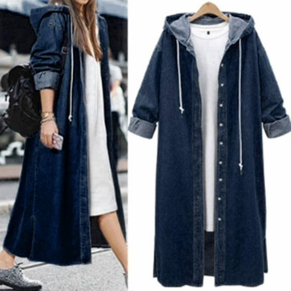 CFLVAEK Long Denim Jackets for Women Plus Size Button Down Jean Jacket with Hood Fall Winter Long Sleeve Coat Outwear Blue XXXXL