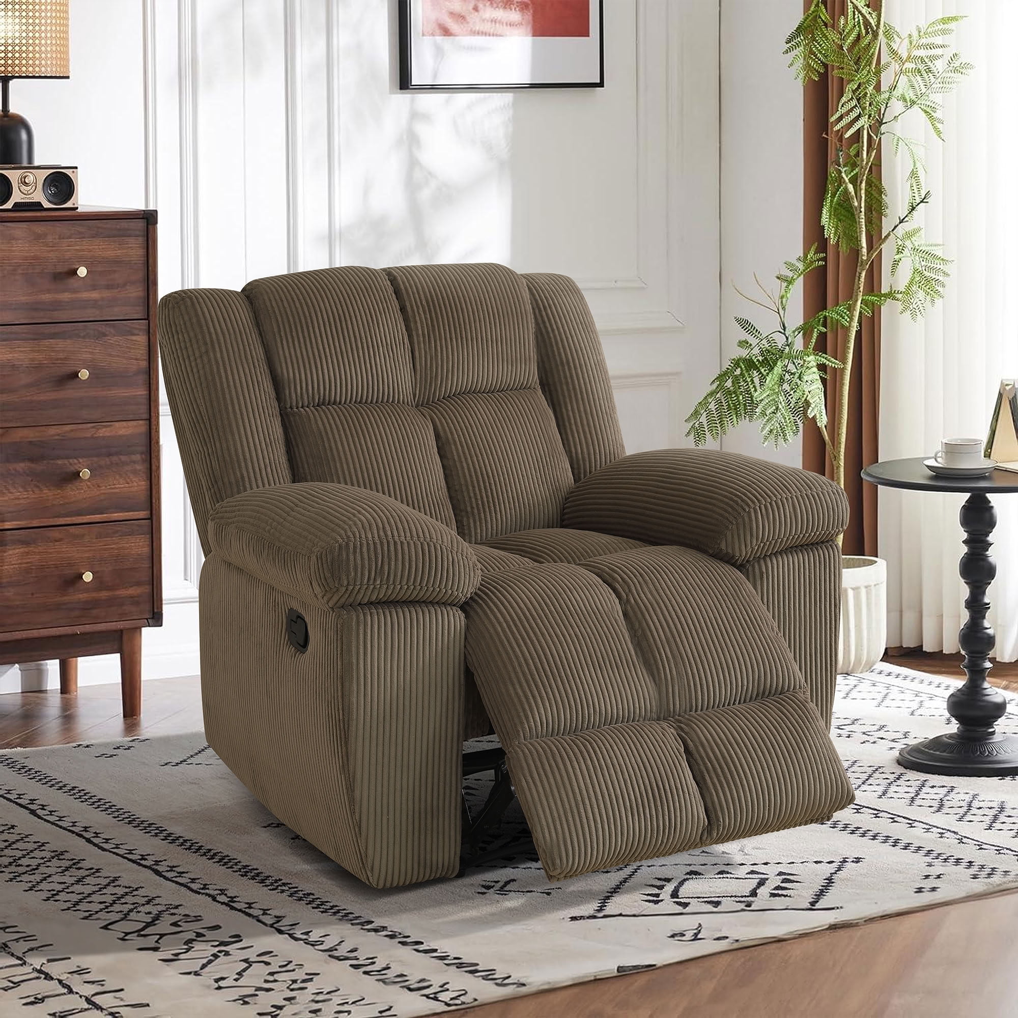 MAYEERTY Single Manual Recliner Chair, Brown Stripe Fabric Reclining Chair for Living Room, Bedroom & Small Spaces
