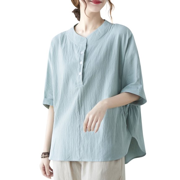 Blusa, Blusa suelta para mujer con botones, cuello en O, media manga, camisetas vintage Tomshoo Aqua/Grande