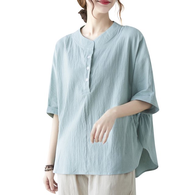 Blusa, Blusa suelta para mujer con botones, cuello en O, media manga, camisetas vintage Tomshoo Aqua/Grande
