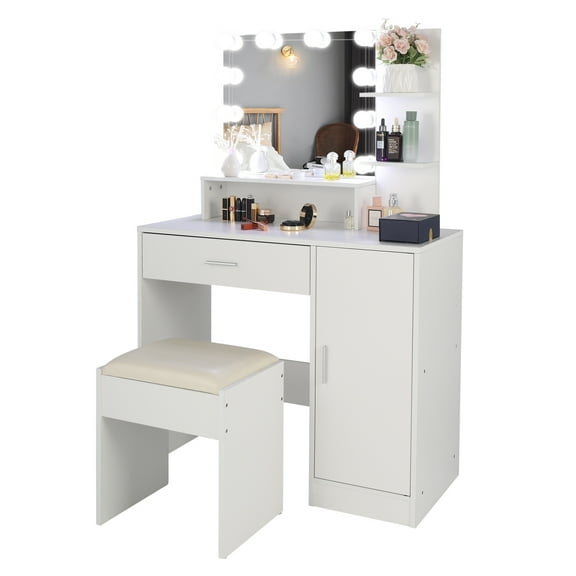 Tcbosik Vanity Desk with Mirror and Lights, Makeup Dressing Table with Cushioned Stool and Open Shelves, Cabinet and Drawer for Bedroom, White