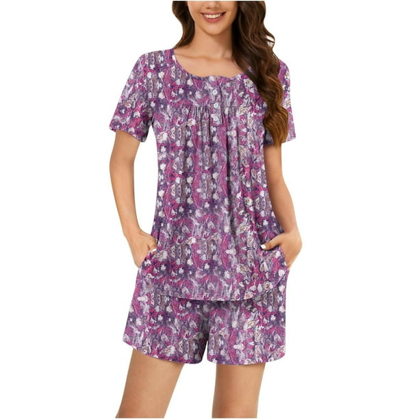 Conjunto de Ropa de Salón de las Mujeres Impreso Cuello Redondo Manga Corta Superior Y Pantalones, Ropa de Casa Suave Dos Piezas