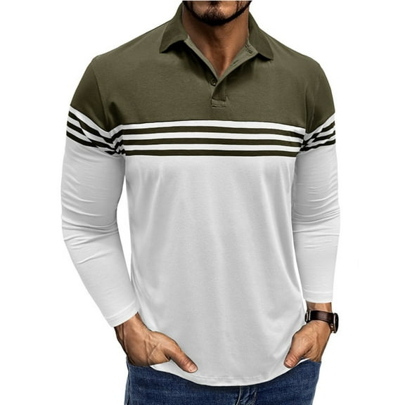 WTOBBY Men's Casual Long-Sleeve Polo Shirt, Colorblock Stripe Print Collared T-Shirt, Comfortable Fit for Business Casual and Stylish Daily Wear,Army Green L