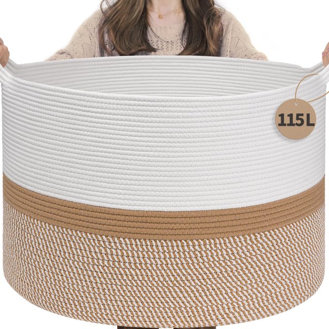 INDRESSME - Cesta de cuerda de algodón extragrande de 115 l, cesta tejida para mantas de ropa de bebé, ideal para decoración del hogar, sala de estar, guardería, cestas para guardar juguetes para niño