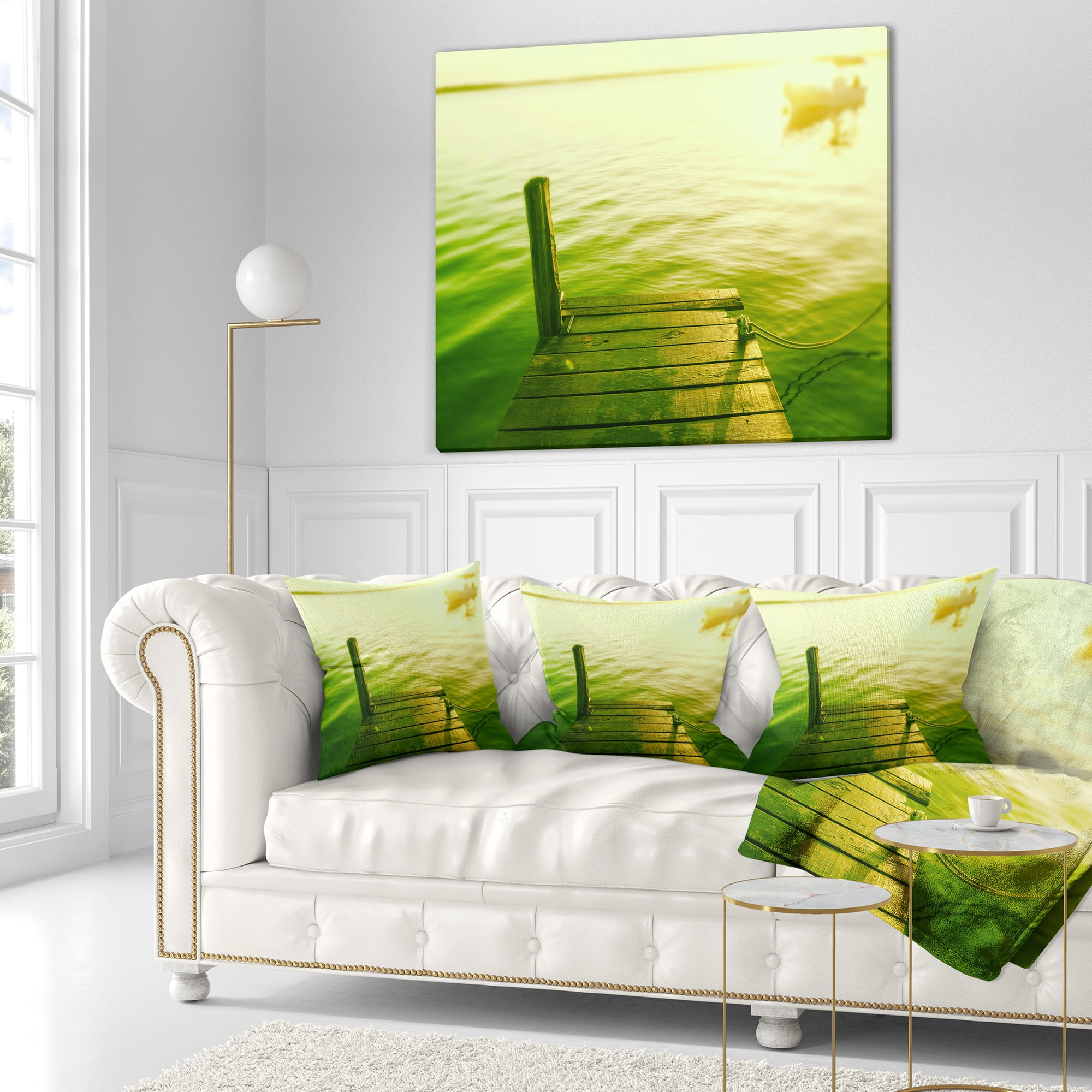 Designart Wooden Boardwalk in Green Sea - Bridge Throw Pillow - 18x18