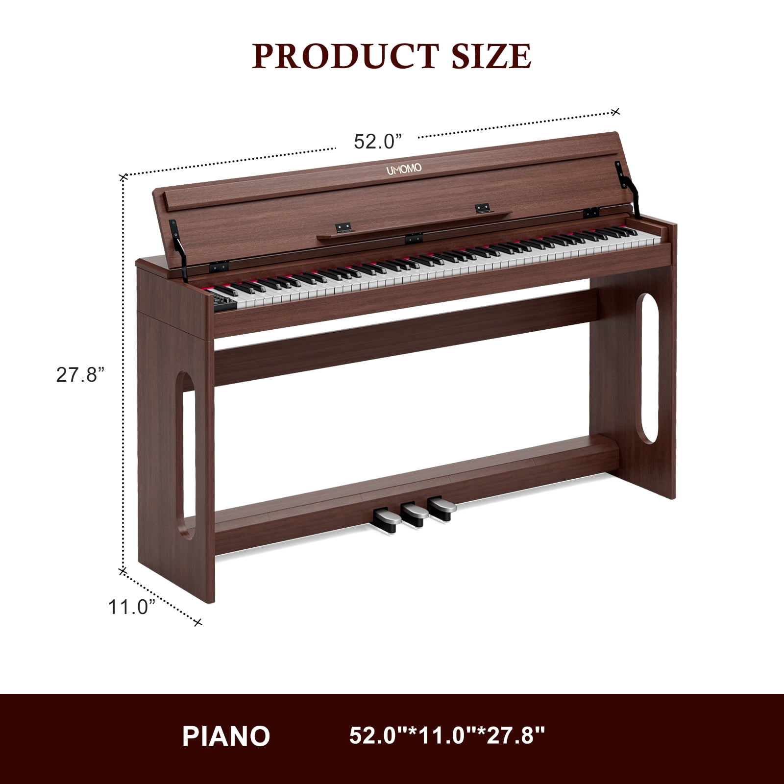 UMOMO 88 Key Digital Piano Keyboard, Full Size Electric Piano with Piano Stand, Headphone Jack, 3 Pedal, Electronic Piano for Beginner, Adults, Walnut