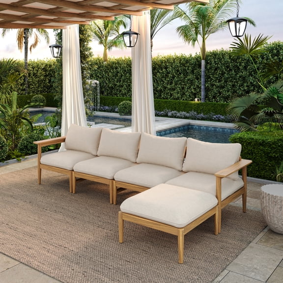 Christopher Knight Home 5-Piece Outdoor Wooden L-Shaped Sofa Set with Ottoman, Beige Cushions, Light Teak Finish