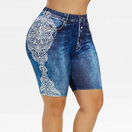 

B91xZ Pajama Shorts For Women High-waist Shorts Printed Pants Fashion Elastic Jean-like Women s Pants Blue M
