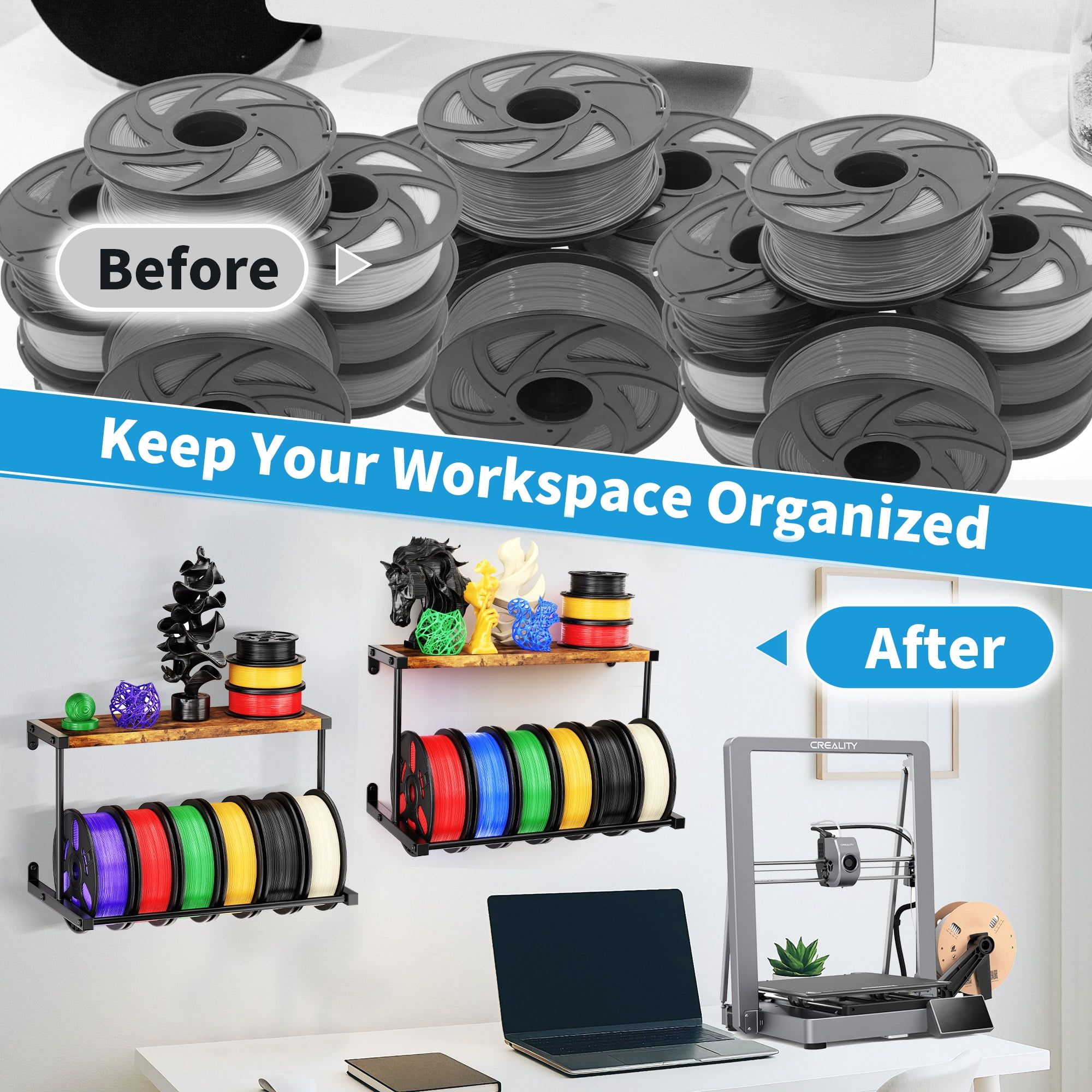 2 Pack 3D Printer Filament Storage Rack, 2 Tier Wall Mount Filament Spool Holder, Heavy Duty 3D Filament Shelf Organizer, Metal Storage Rack for 3D Printing Studio, Workshop