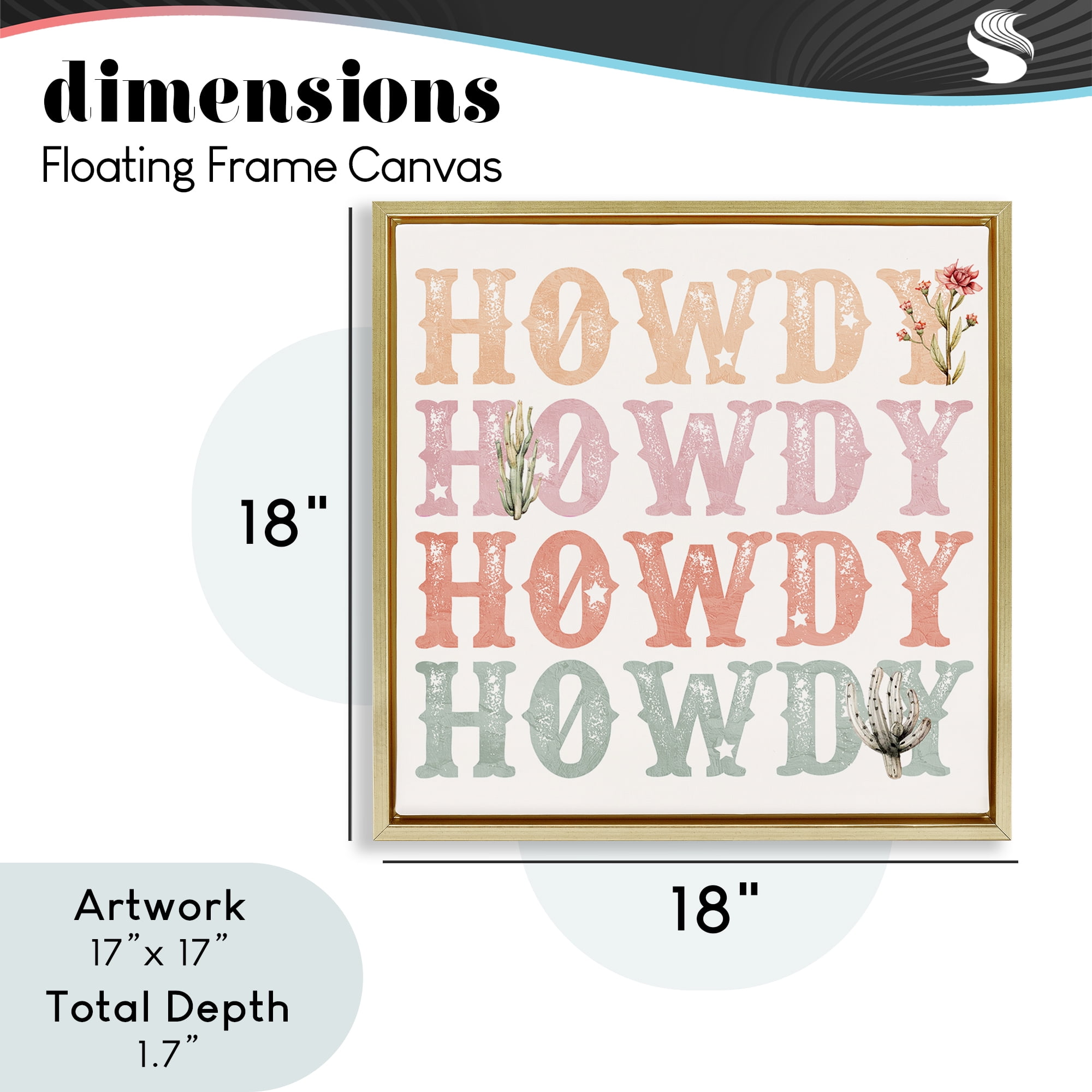 Vintage Howdy Rainbow Text Gold Framed Floater Canvas Wall Art, design by Kim Allen