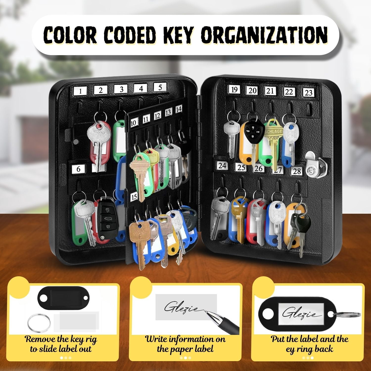 Key Cabinet Key Lock Box Wall Mount with 40 Key Holder Organizer Locker Case, Colored Key Tags & Hooks Wall Mounted Lock Box For Keys Storage, Homes, Property, Hotels, Business (Black)