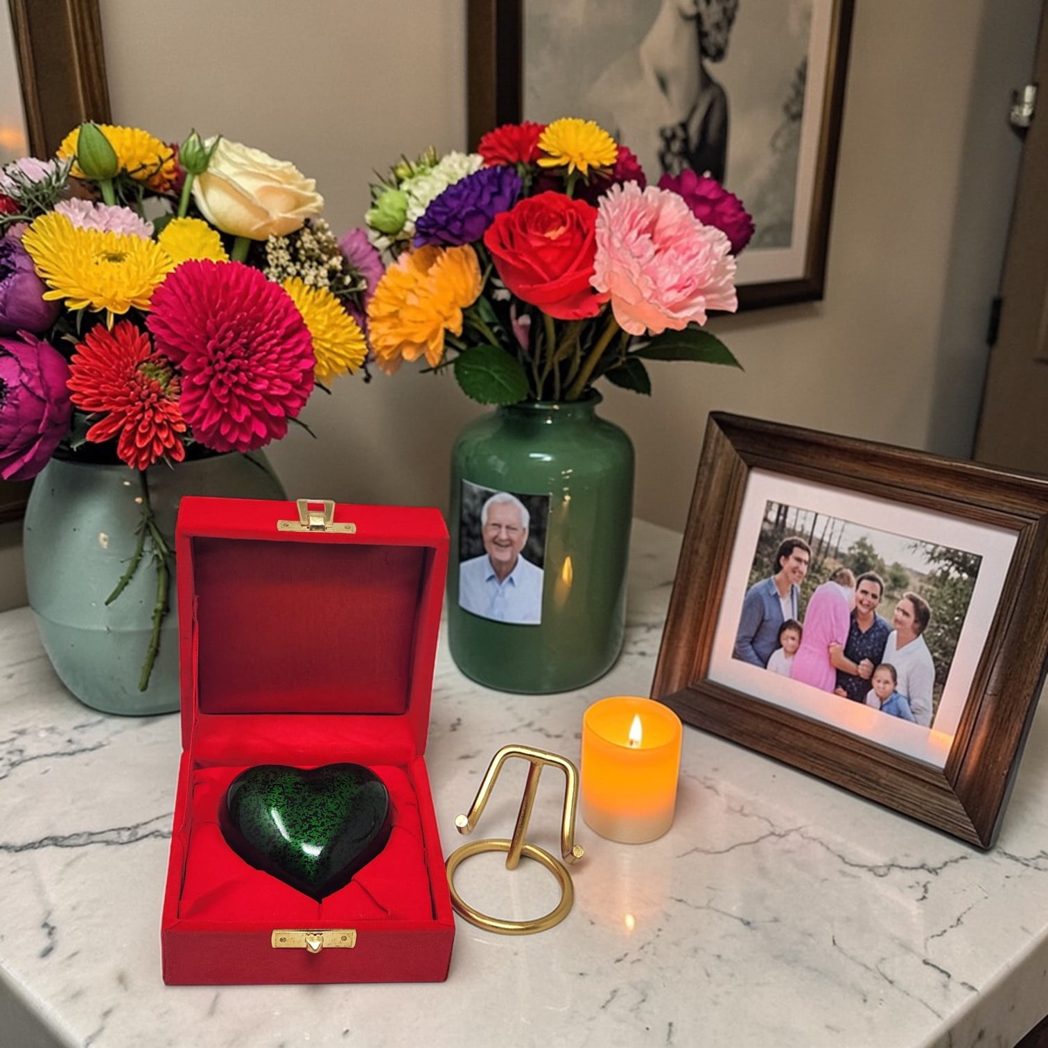 SMIURNS Custom Engraved Emerald Green Speckled Memorial Urn - Heart Keepsake Cremation Urn for Ashes - Includes Gold Display Stand and Red Velvet Gift Box - Small Decorative Urn for Human or Pet