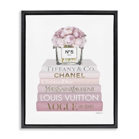Stupell Industries Pink Rose Bouquet Bookstack Beauty & Fashion Painting Black Floater Framed Canvas Art Print Wall Art  17 x 21