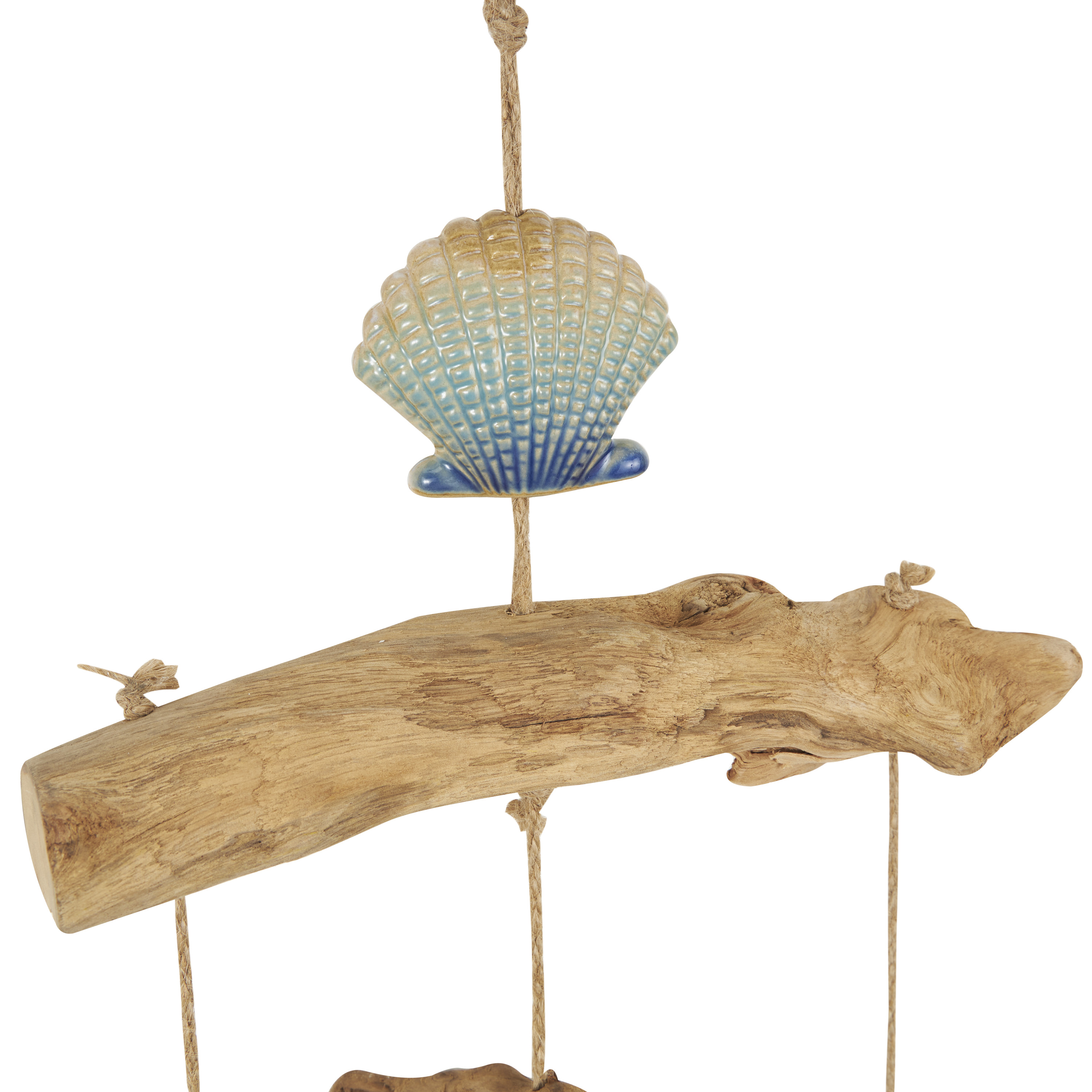 DecMode 35" Blue Ceramic Handmade Ombre Shell Windchime with Driftwood and Bead Accents