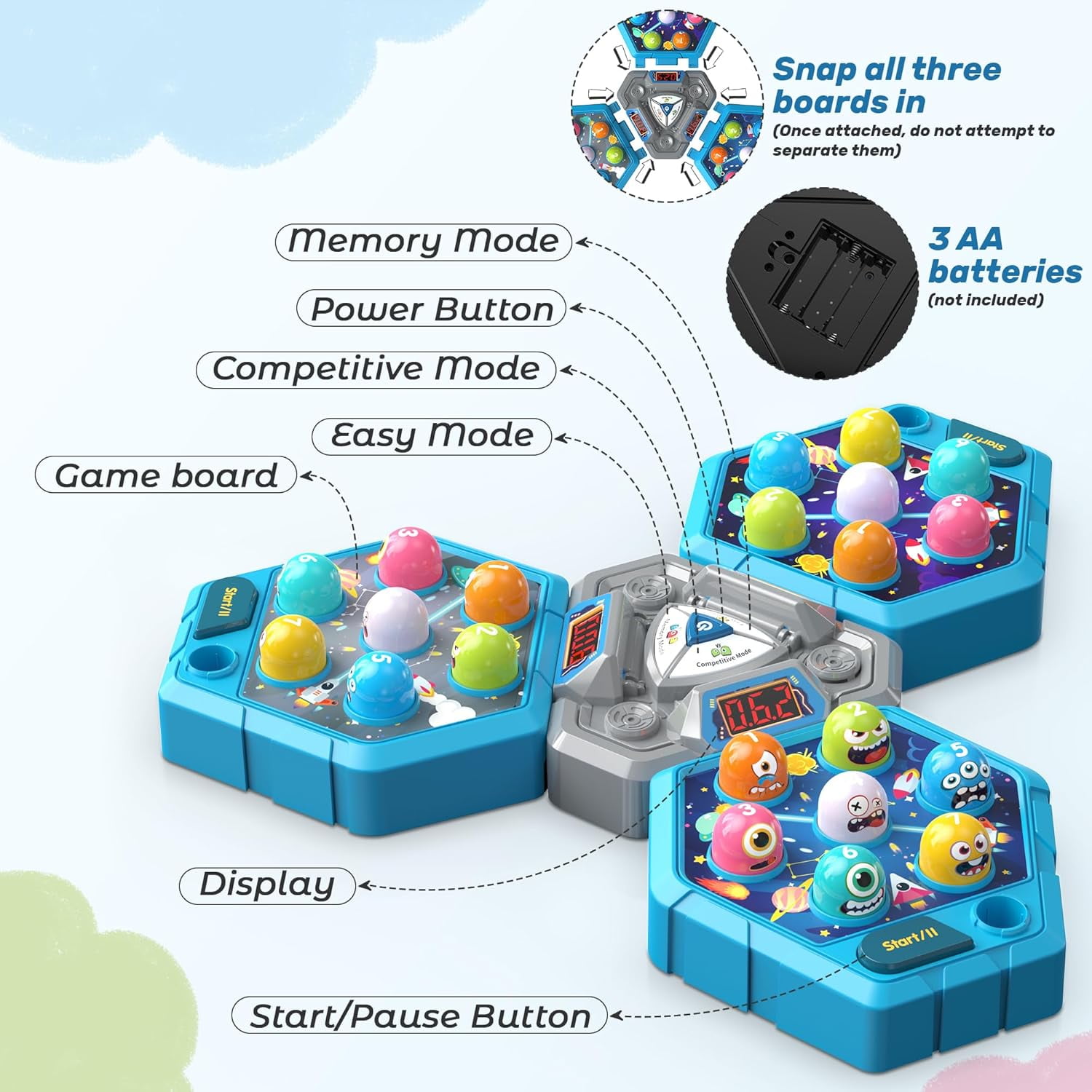 3-Player Whack Game Mole Toy , Early Learning Toy with Lights & Sounds, Interactive Pounding Hammer Toy with 3 Game Modes
