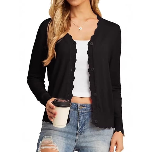 Women's Lightweight Button Down Cardigan Sweater, V Neck Scalloped Trim Slim Fit Long Sleeve Knit