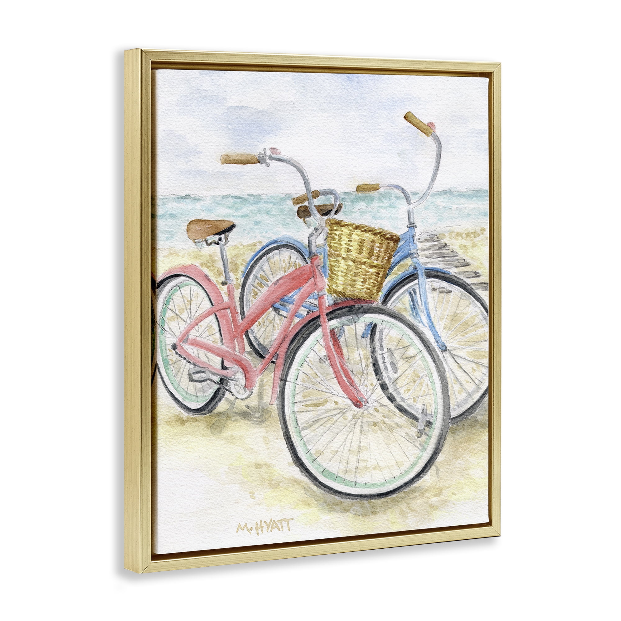 Stupell Industries Beach Bikes Parked Transportation Painting Gold Floater Framed Canvas Art Print Wall Art, 17 x 21