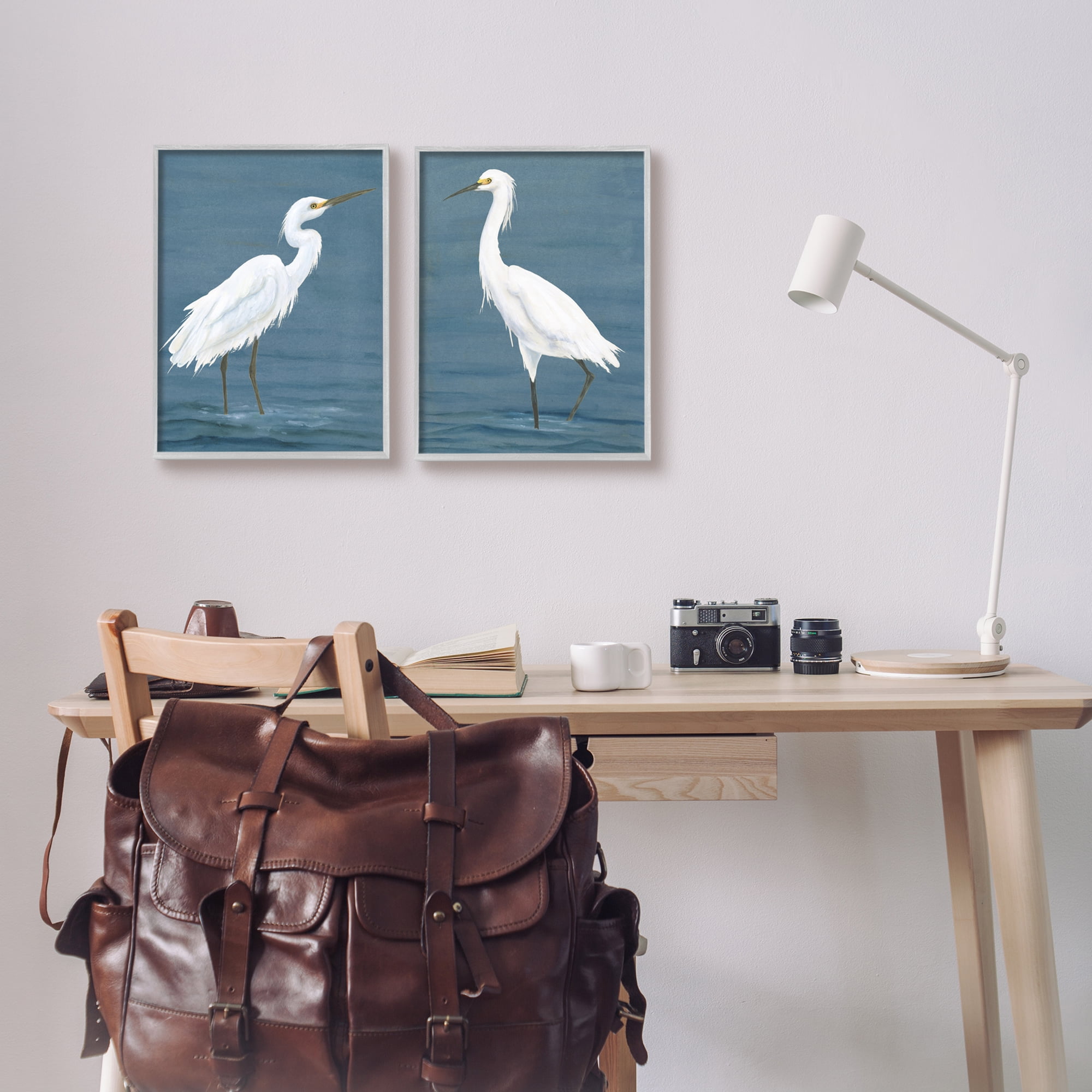Stupell Industries White Egrets on Shore Animals & Insects Painting Gray Framed Art Print Wall Art, 11 x 14