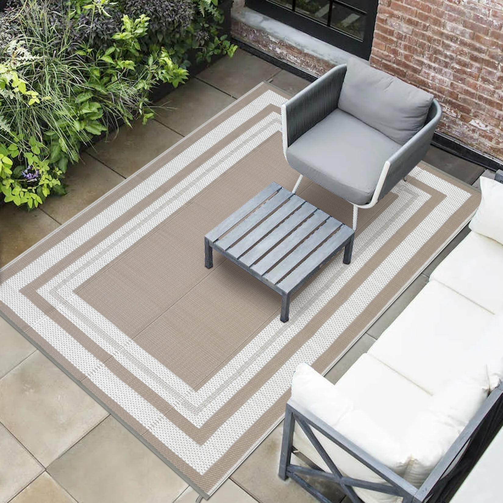 HOMERRY Geometric Border Outdoor Rug Straw Plastic Area Rug for Balcony Pool RV Waterproof Reversible Carpet, Brown/White, 8'x 10'