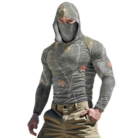 OGLCCG Men's Hooded Sun Shirts with Mask UPF 50 Sun Protection Fishing Hiking Shirts Camouflage Printed Long Sleeve Rash Guards Cooling Hoodies