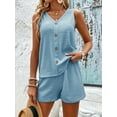thumbnail image 7 of [Two-piece Solid Color Shorts Set] Casual Solid Color Two-piece Shorts Set, Button Front V Neck Top & Skinny Elastic Waist Shorts Outfits, Women's Clothing, 7 of 7