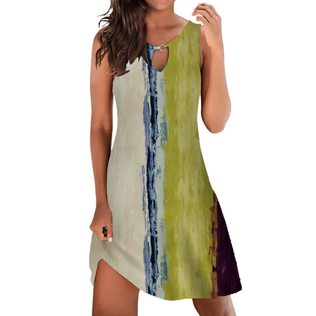 TSADFHJI Jupes en Laine pour Femmes Taille Élastique Robe Sans Manches Imprimée Col Rond Mode Décontractée TTG Jaune
