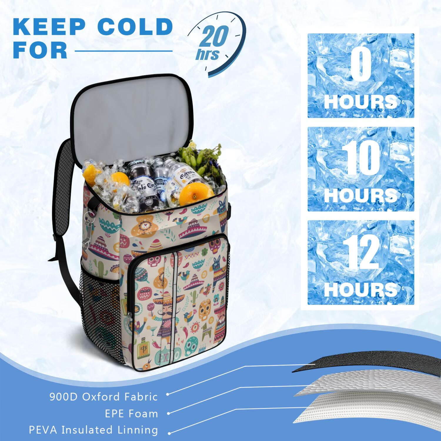 Travel Cooler Bag - Colorful Mexican Elements Camping Beer Cooler Backpack with Bottle Opener- Waterproof Insulated Picnic Backpacks - Cooler Bag for Beach