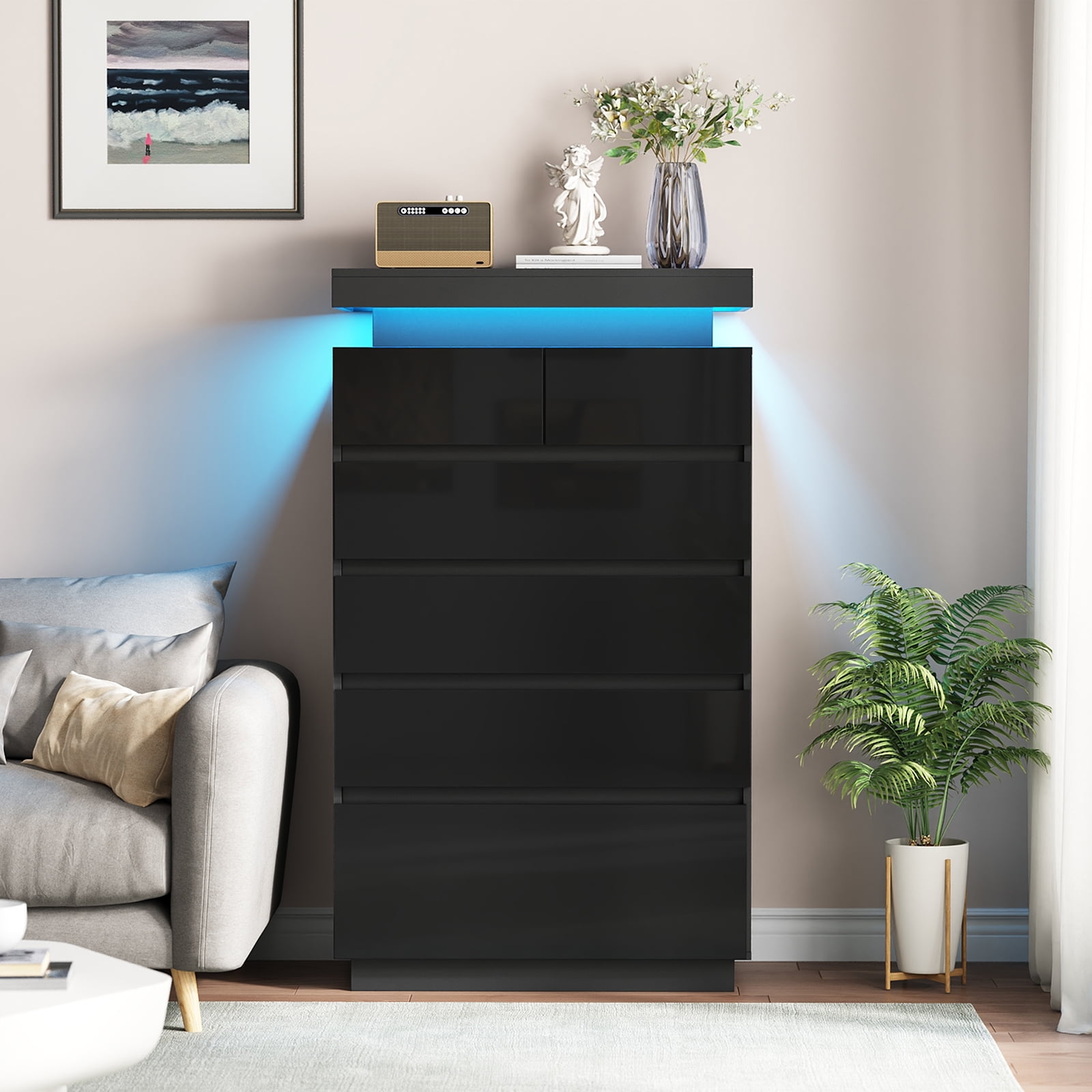 6 Drawers Dresser, Modern Tall Dresser for Closet with Adjustable LED Lights, High Gloss Chests of Drawers, Wood Storage Cabinet for Bedroom, Entryway, Living Room, Dressing Room, Black