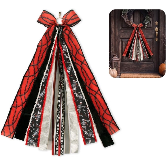 Hsomely Large Halloween Bows for Wreaths, Burlap Red and Silver Wreath Bow for Front Door Halloween Decor