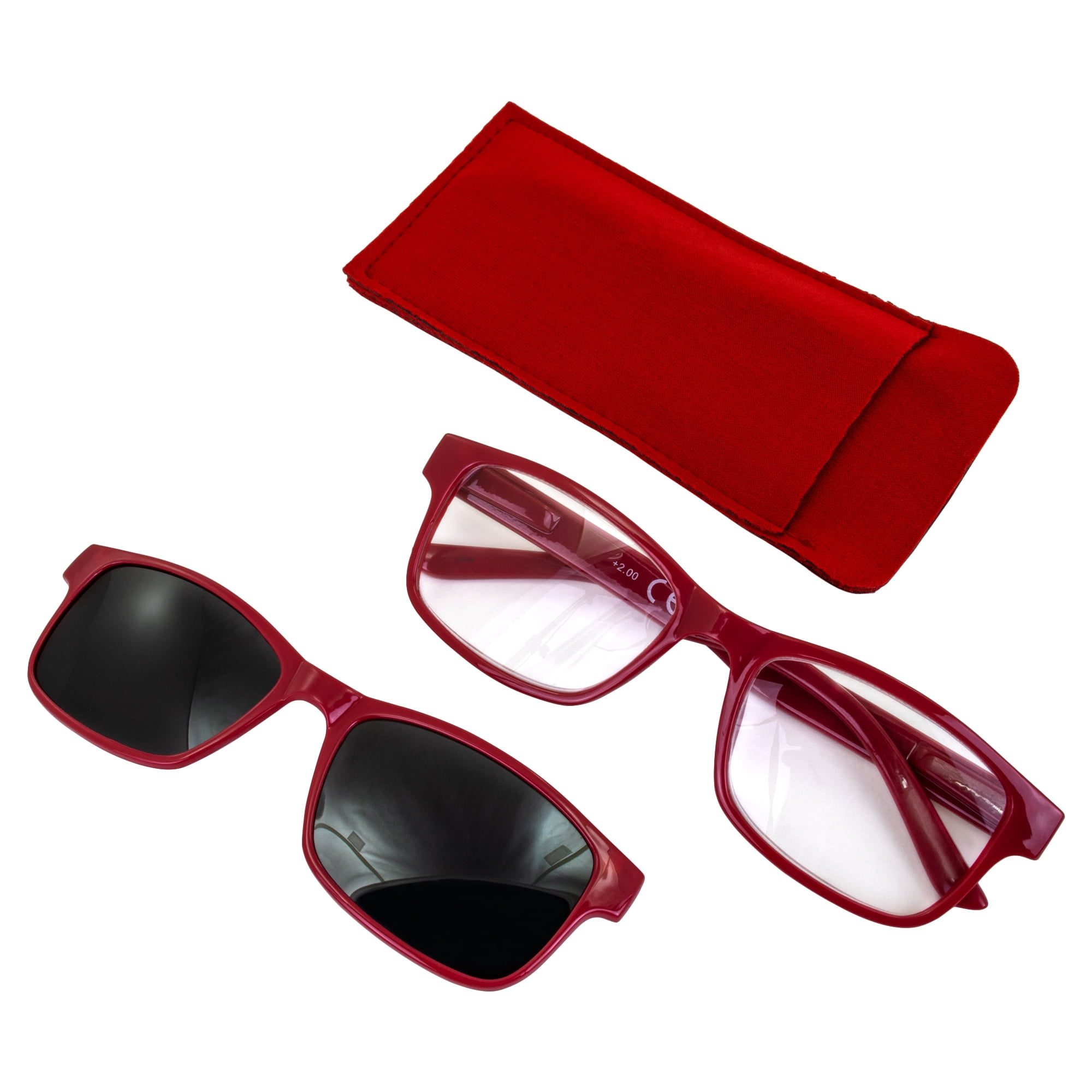 Global Vision Reading Glasses +1.5 Magnification Red Frame w/ Clear Lens & Matching Polarized Clip-On Shades