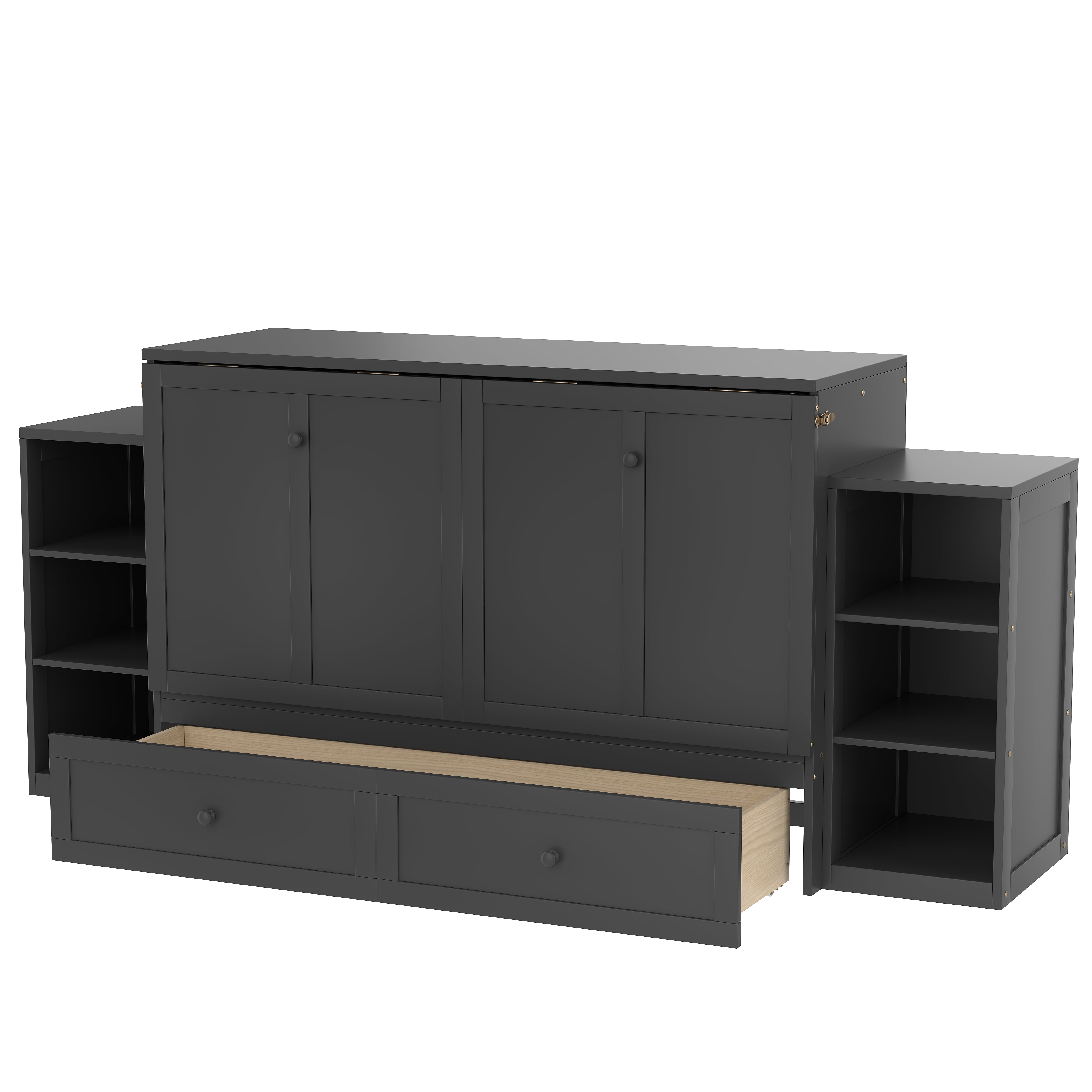 Mintazer Queen Size Murphy Bed with 6 Side Shelves & 2 Drawers, Modern Foldable Cabinet Bed for Bedroom Apartment Guest Room, Dark Gray