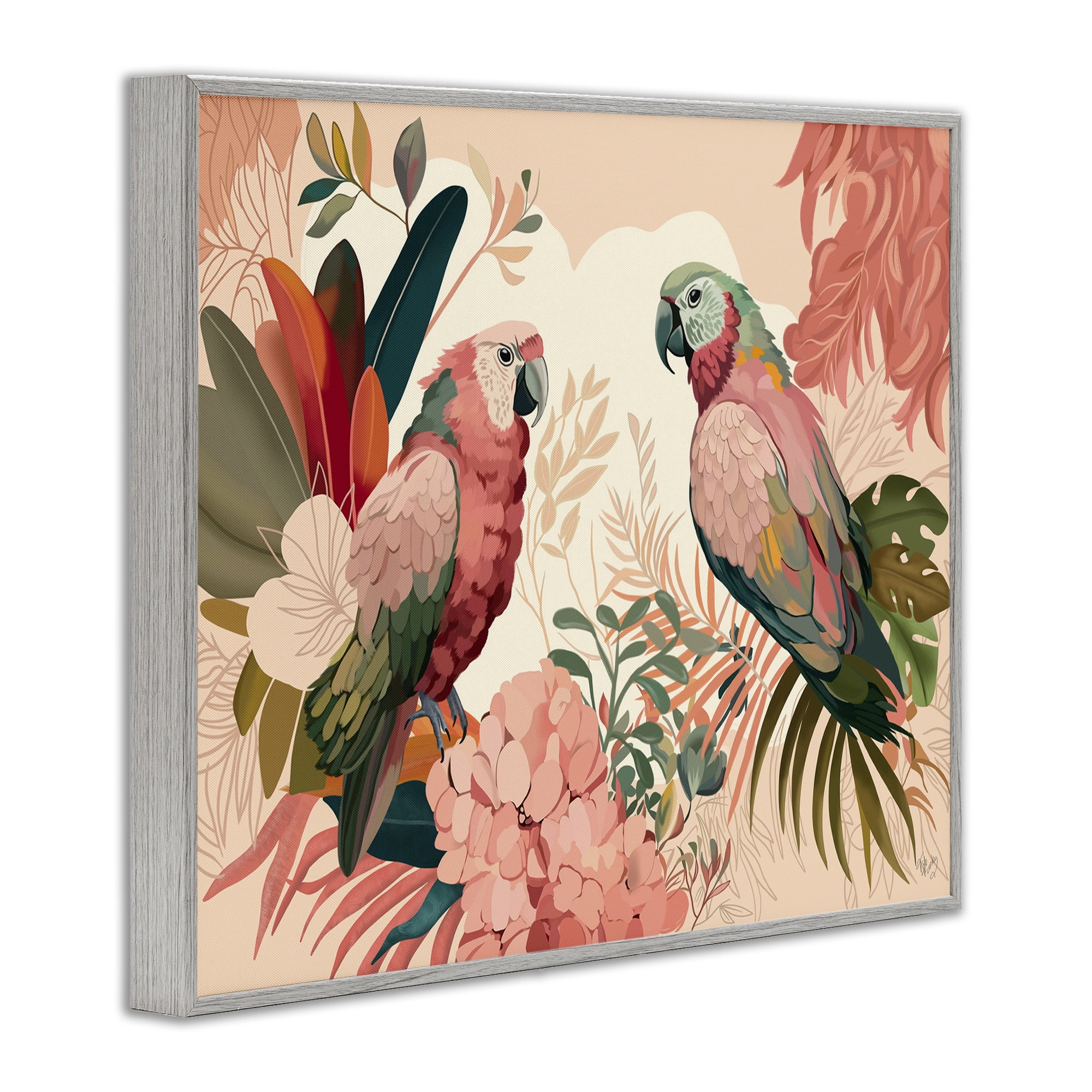 Stupell Industries Pink Parrots & Leaves Animals & Insects Painting Gray Framed Art Print Wall Art, 20 x 16