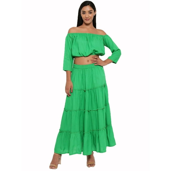 eloria Women Fashion Off Shoulder Flared Sleeves Maxi Dress Any Occasion, Fabric: Rayon, Color : Green, Size : 3XL
