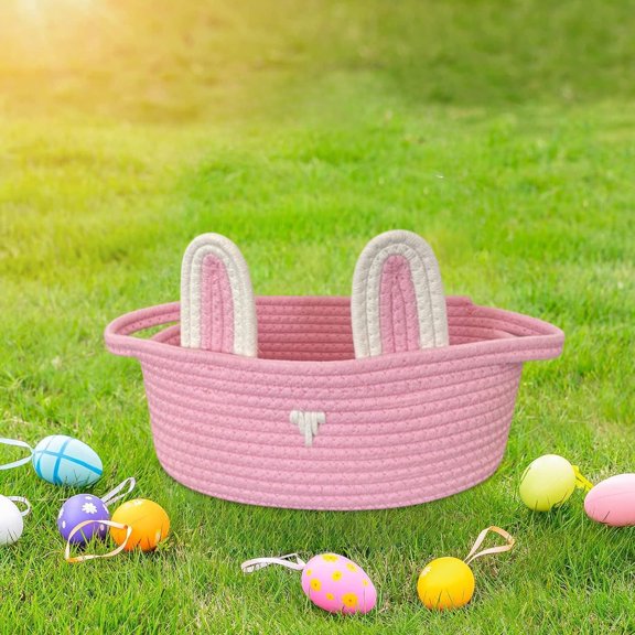 VANLOFE Easter Gift Basket Empty Gift Bags Easter Bunny Basket Small Woven Rope Storage Bins for Organizing, Easter Egg Hunting Game Holiday Decoration Snacks Toys Candy Baskets Easter Gifts(Pink)