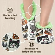 Women’s Fuzzy Slipper Socks with Grippers – Soft Microfiber Outer, Cozy Fleece Lined Indoor House Socks (Cat, L/xl)