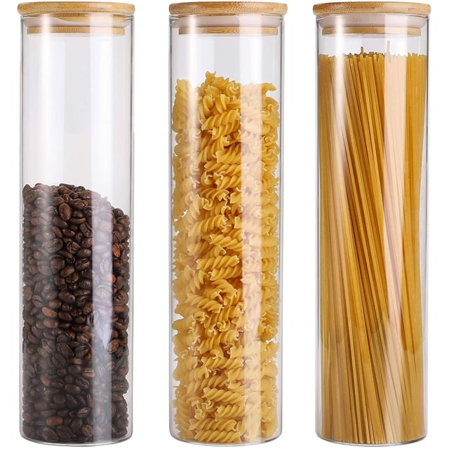 3 Pack Glass Pasta Storage Containers - 36 Oz Glass Airtight Food Storage Jars with Bamboo Lids, Tall Spaghetti Jars Set