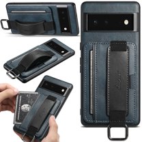 Feishell Case for Google Pixel 6 (6.4 inch),Shockproof Retro PU Leather Credit Card Pocket Holder Portable Metal Ring Wristhand Strap Kickstand Anti-Scratch Slim Phone Case,Blue