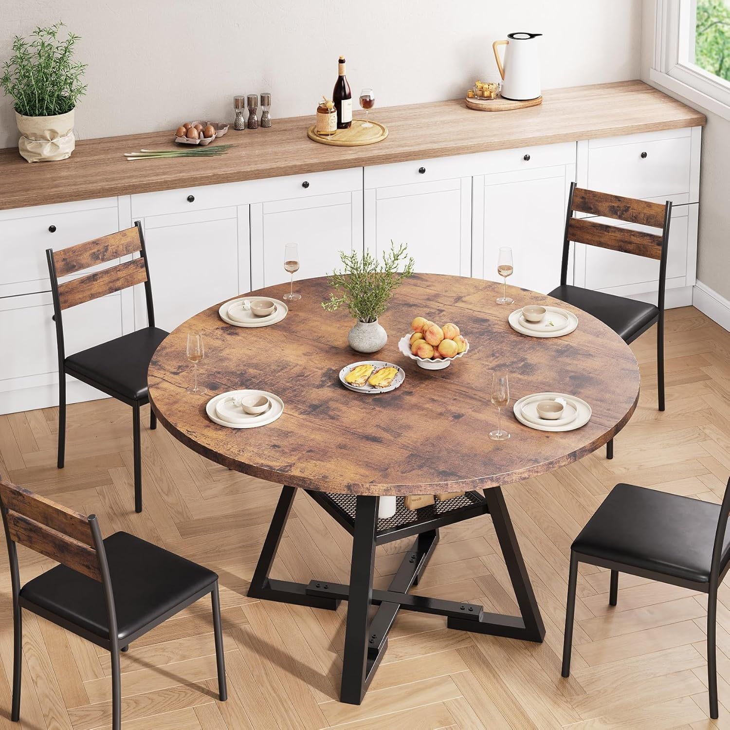 Cocosity 47 inch Wood Kitchen Table for 4, Round Dining Table with Storage Shelf for Home Dining Room Living Room Brown