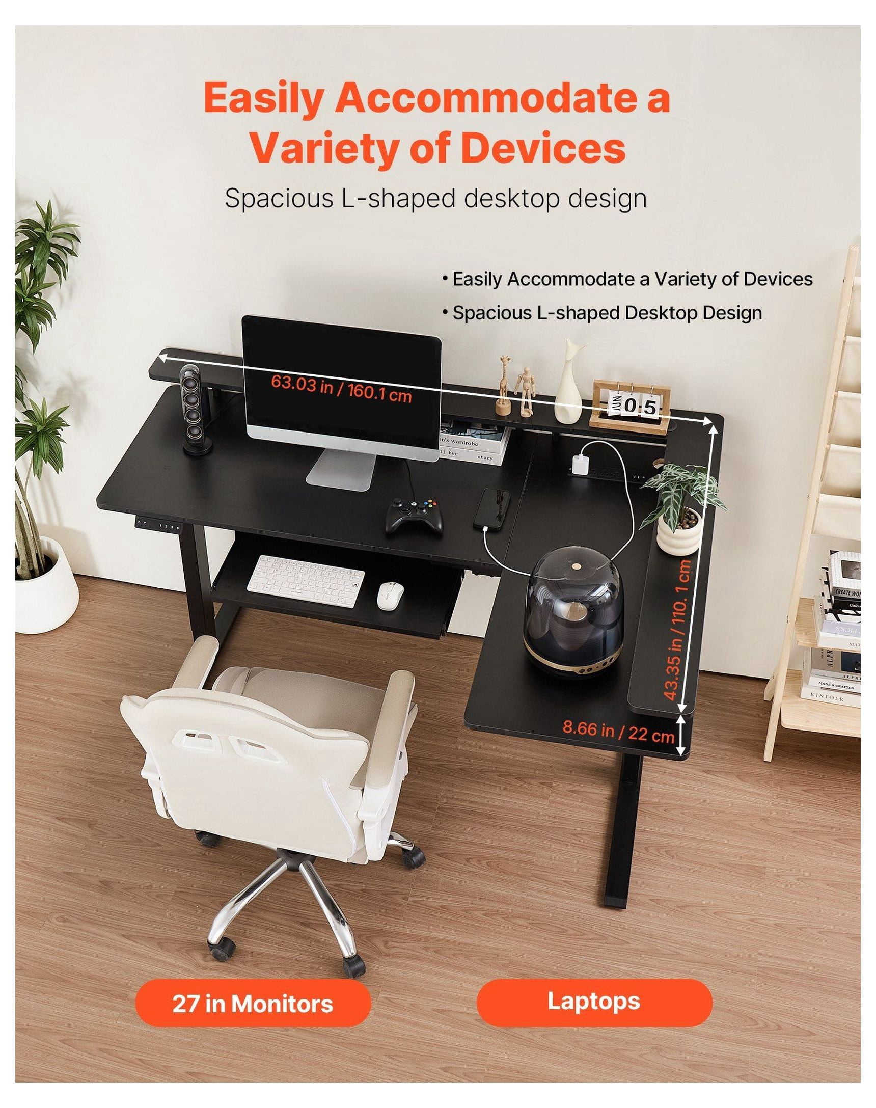 L Shaped Desk Electric Adjustable Height Corner Desk with Keyboard Tray, 63.1" Gaming Desk, Standing Desk with LED Lights & Power Strip, Home Office Computer Desk