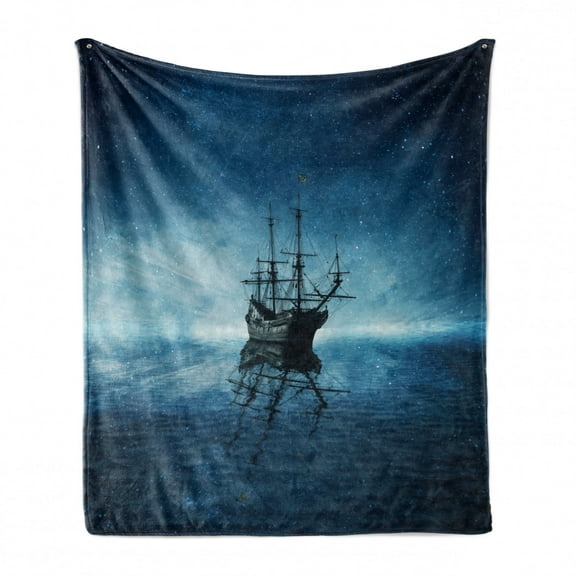 Pirate Ship Soft Flannel Fleece Throw Blanket, Vessel on Dark Night Sea Starry Night Sky Water Reflection, Cozy Plush for Indoor and Outdoor Use, 60" x 80", Pale Blue Dark Blue, by Ambesonne