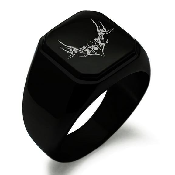 Stainless Steel Wicked Black Widow Engraved Square Flat Top Biker Style Polished Ring