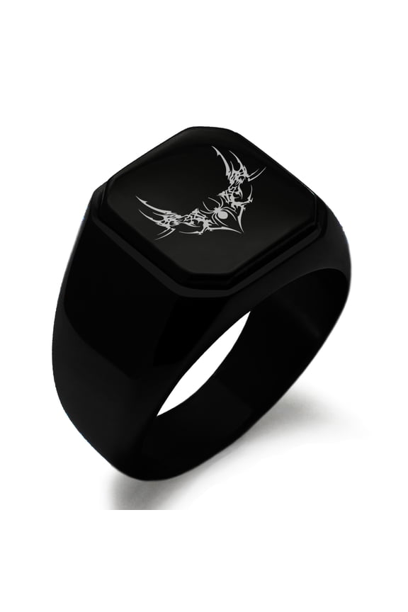 Stainless Steel Wicked Black Widow Engraved Square Flat Top Biker Style Polished Ring