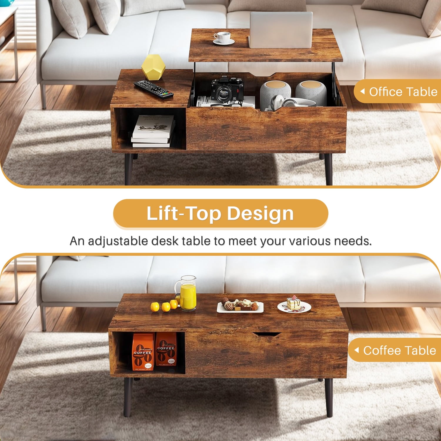 Coffee Table, Lift Top Coffee Tables for Living Room, Small Modern Wooden Center Tables with Storage Shelf and Hidden Compartment
