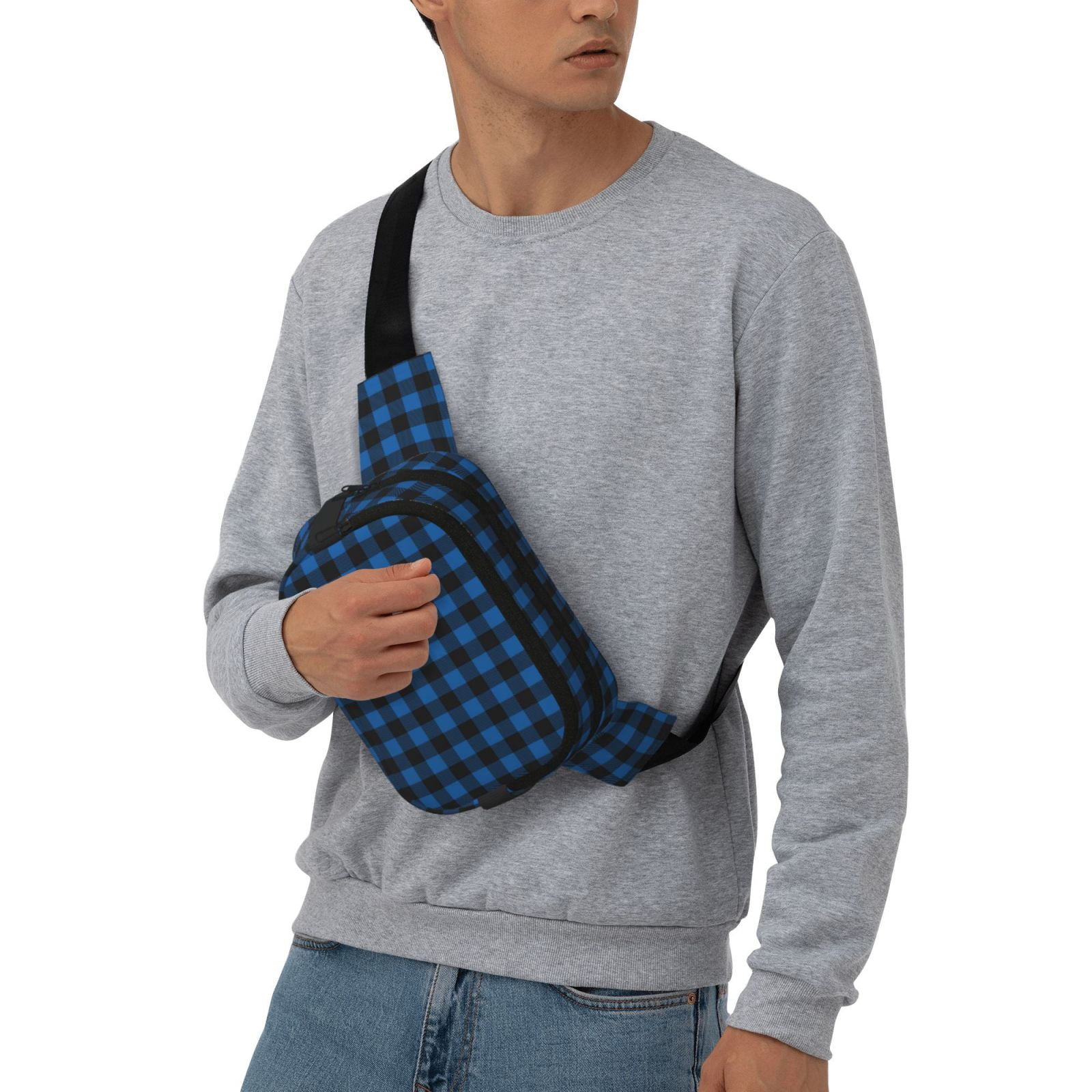 Picia Blue Black Plaid Print Square Double-Layer Waist Bag Mini Adjustable Waist Belt Bag Exercise Running Travel Hiking